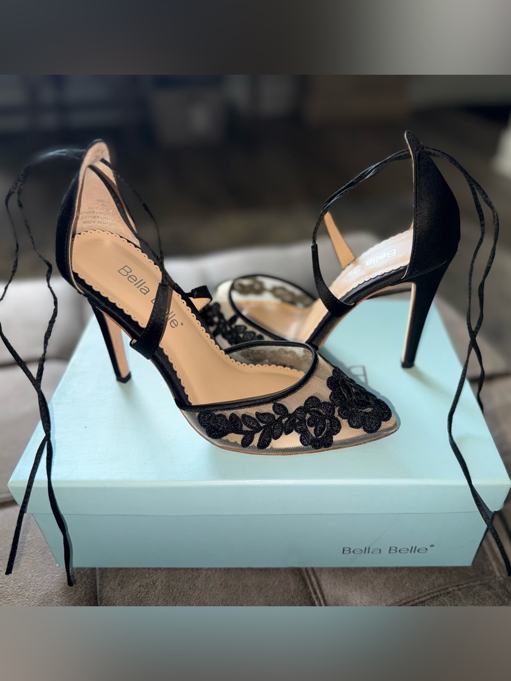 Anita Black Pointed-Toe Lace Ankle-Tie Heels